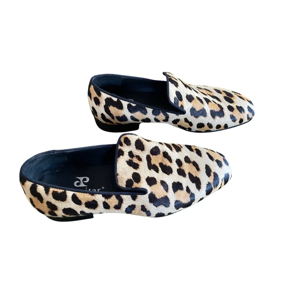 Piergitar Men's Leopard Print Pony Hair Loafers Smoking Slippers Size 7 Red Sole
